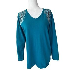Turquoise Blue Sweater Tunic 100% Cotton Embroidered Gemstones V Neck HSN